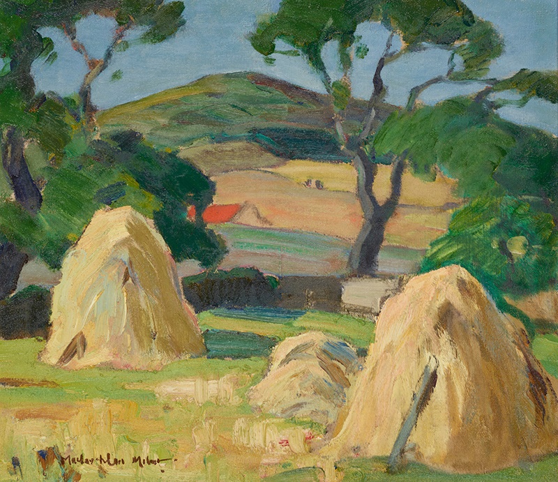 LOT 129 | § JOHN MACLAUCHLAN MILNE R.S.A. (SCOTTISH 1886-1957) | HAYSTACKS IN A FIELD Signed, oil on canvas | 41cm x 46cm (16in x 18in) | £10,000 - £15,000 + fees